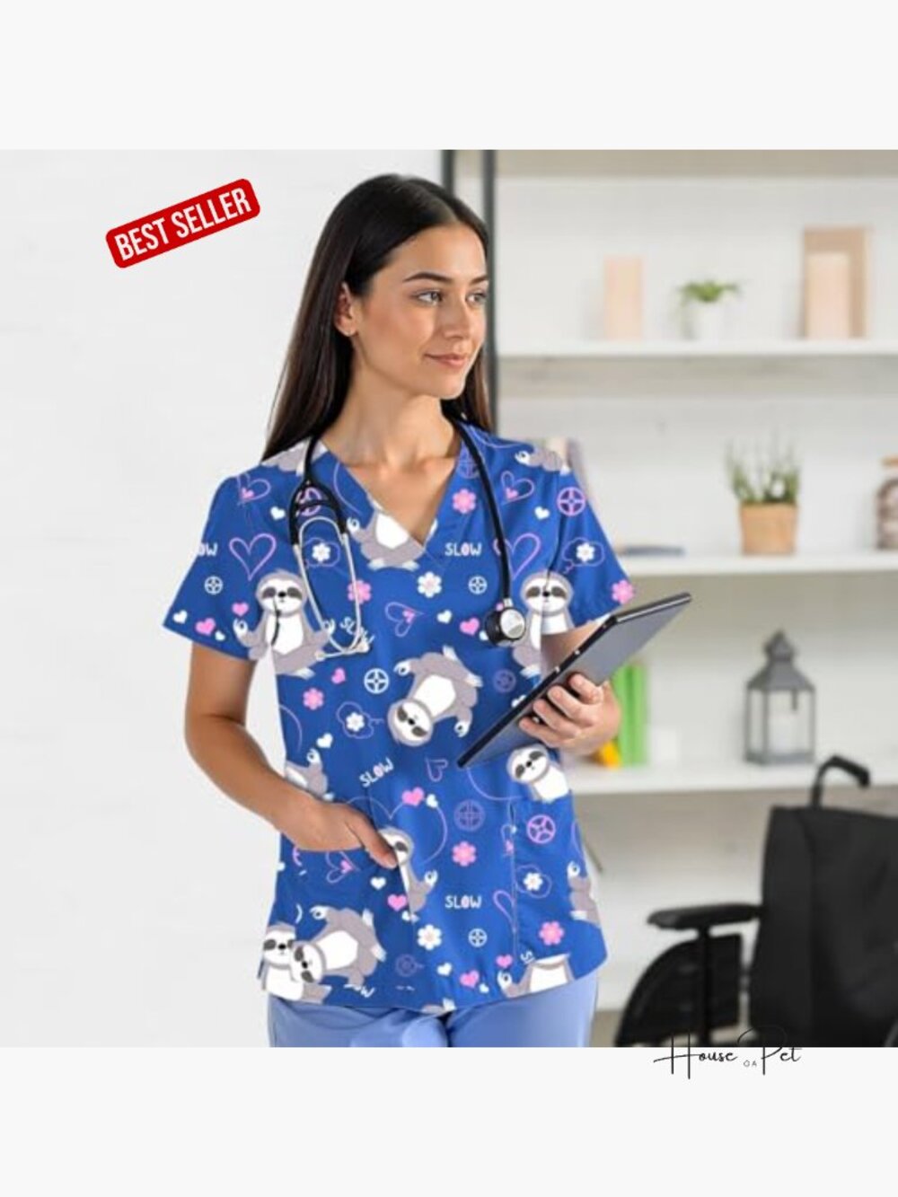V Neck Cute Printed Scrub Top With Pockets - Short Sleeve Nurse Uniform View 2